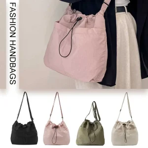 Women Fashion Shoulder Bag Large Capacity Nylon Drawstring Bucket Bag Simple Messenger Bag Adjustable Strap for Outdoor Travel